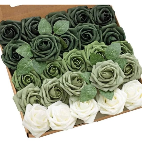 Other - 25 Count | Green Olive Tones & White  Artificial Flowers Wedding Bouquet Roses